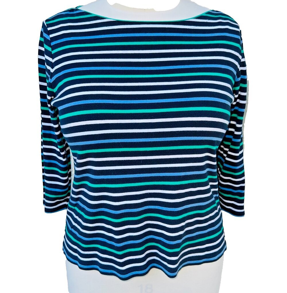 Lands' End Knit Top Women's XL Navy Striped Ballet Neck 3/4 Sleeve Cotton Preppy